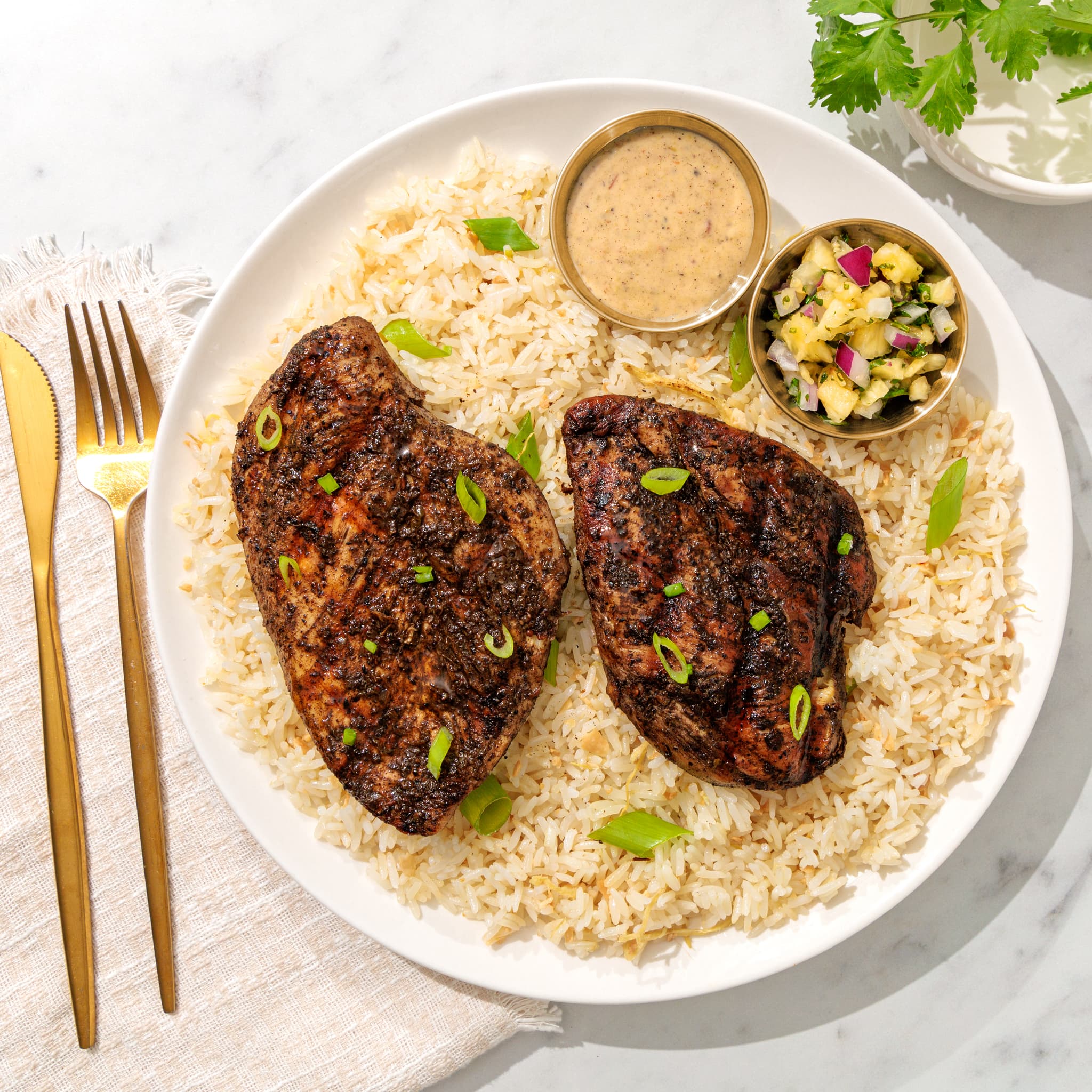 Jamaican jerk grilled chicken breasts over rice