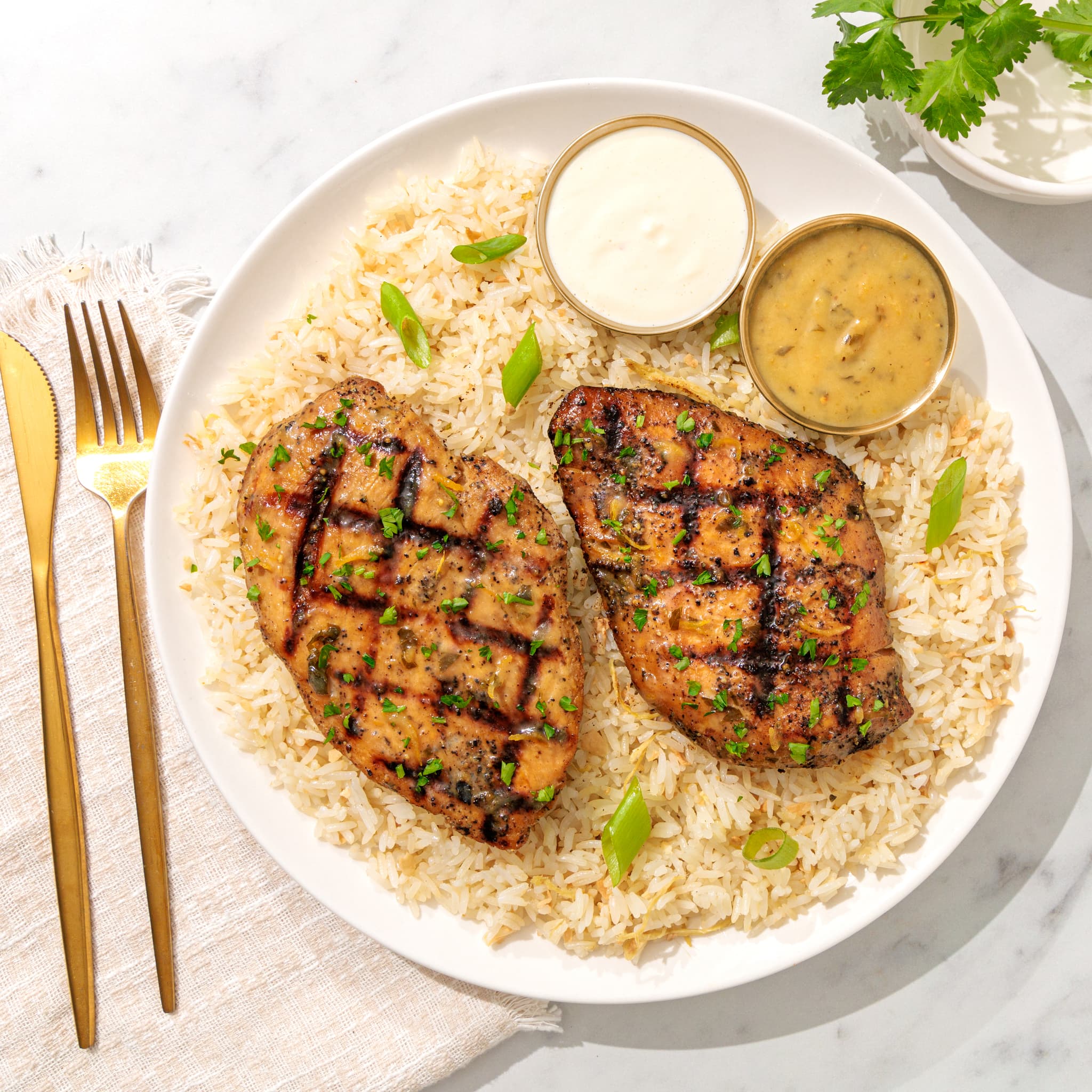 Lemon pepper grilled chicken breasts over rice